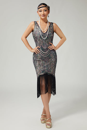 Black Apricot Fringed Bodycon 1920s Dress With Sequins